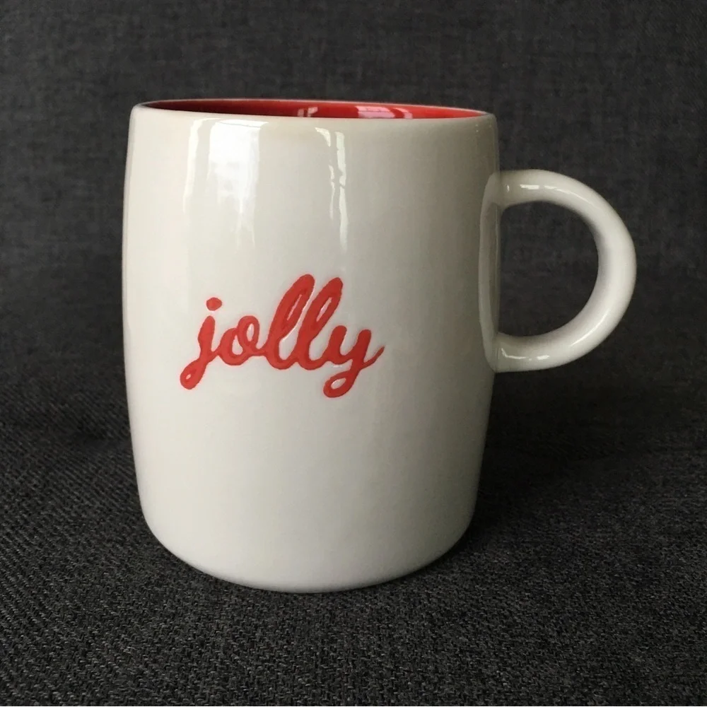 Holiday “jolly” Coffee Mug, Red, Cream, 15 oz